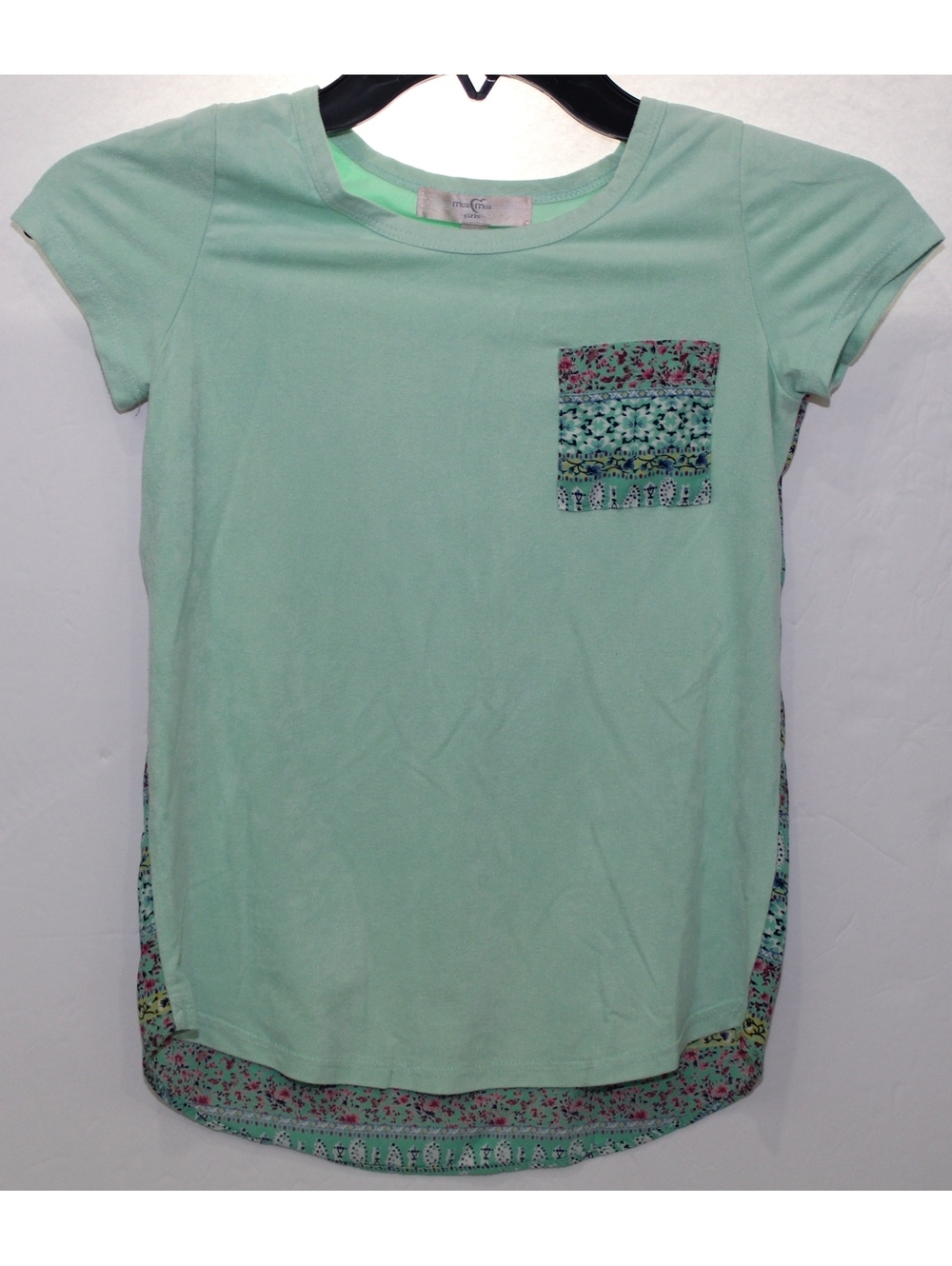 Moa Moa Girls Green Velour Pocket Tee Floral Printed Back T-Shirt Youth Medium
